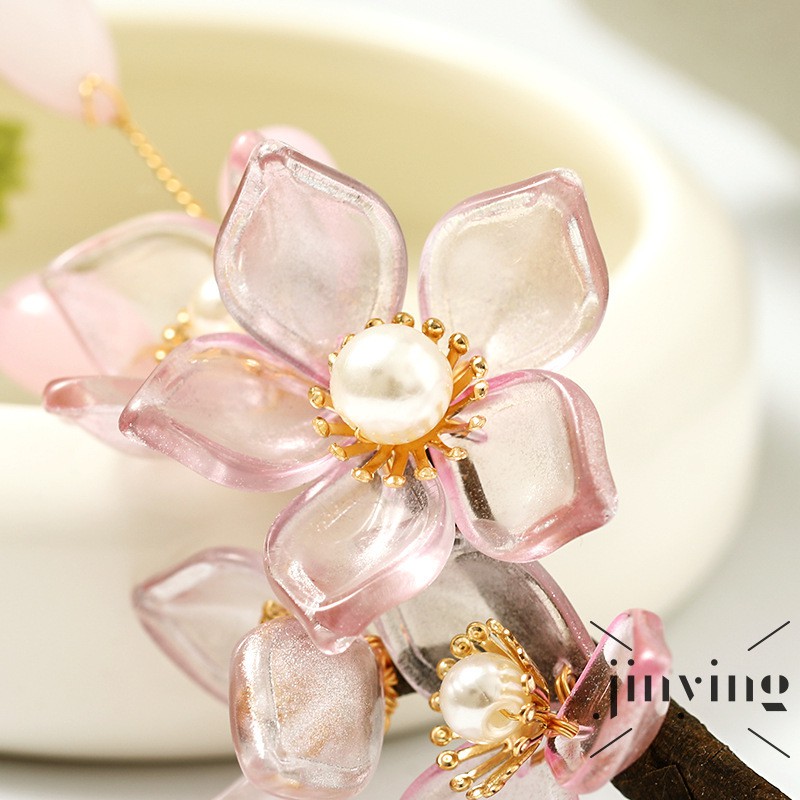❤S Wind Antique Style Hairpin Fresh Retro Imitated Jade Pink Flower Hair Accessories Fashion Han Chinese Clothing Hair O