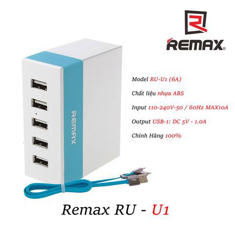 Ổ điện 5 cổng usb remax U1 chính hãng (Giao màu ngẫu nhiên )