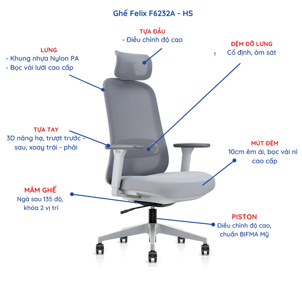 Ghế công thái học Ergonomic GOVI Felix 6232A - Tựa đầu điều chỉnh độ cao, tựa tay 3D nâng hạ, mâm ghế ngả 135 độ