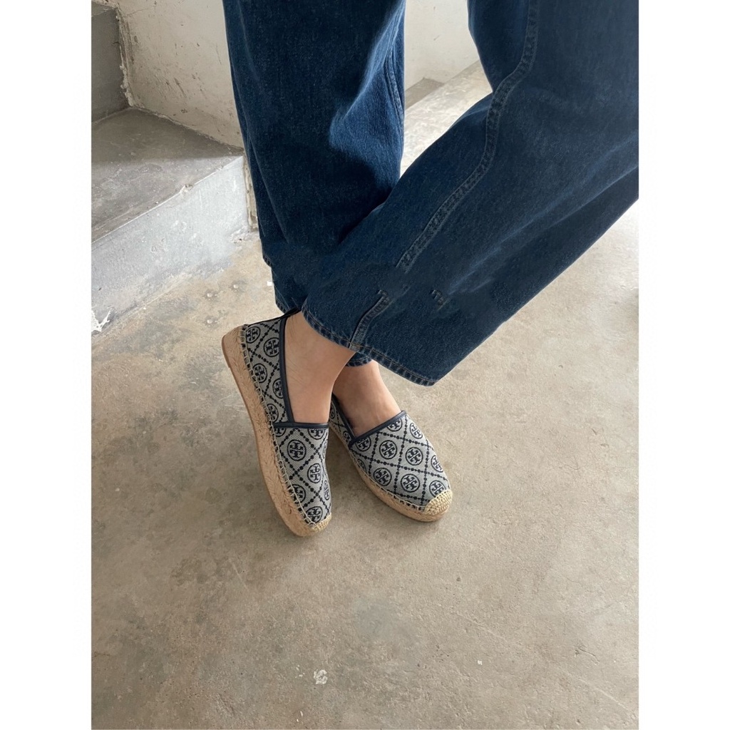 Giày đế cói nữ da thật thời trang cao cấp Tory Burch TB thiết kế thêu họa tiết logo