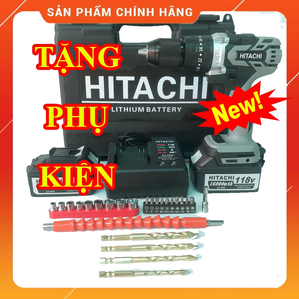 Máy Khoan Pin HITACHI 118V, 2 PIN, KHÔNG CHỔI THAN, Tặng Kèm Bộ PHỤ KIỆN Như Hình [CAM KẾT CHÍNH HÃNG]