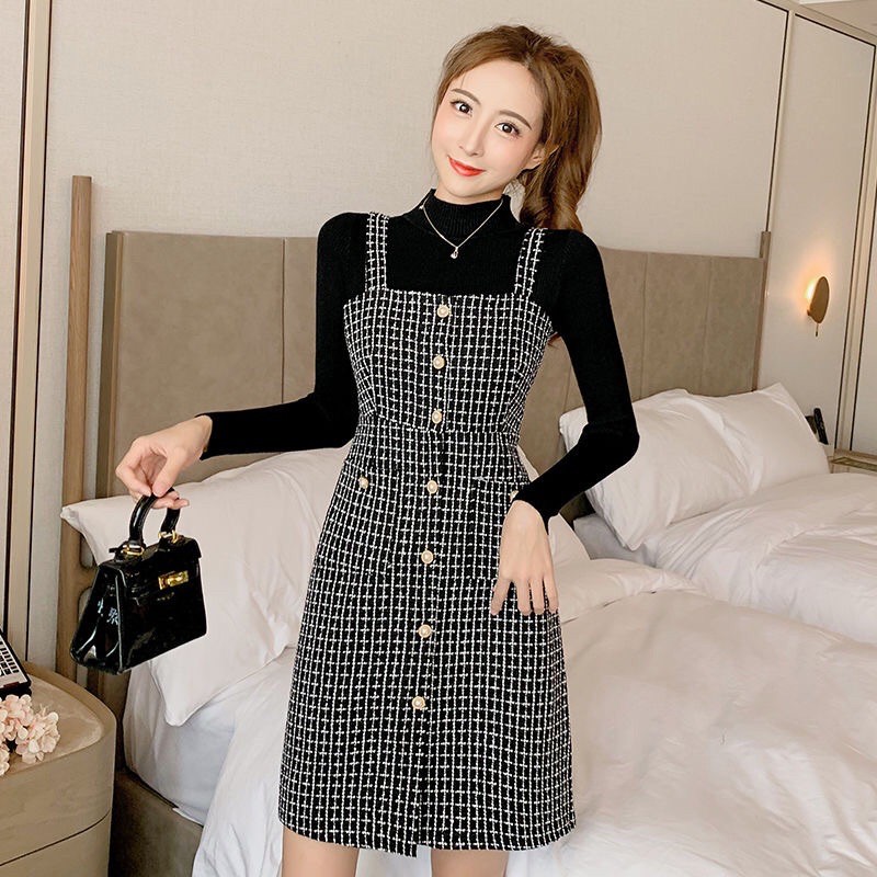 (CÓ SẴN ĐEN L) Set váy yếm dạ tweed và áo len trơn [Ảnh thật 4-9]