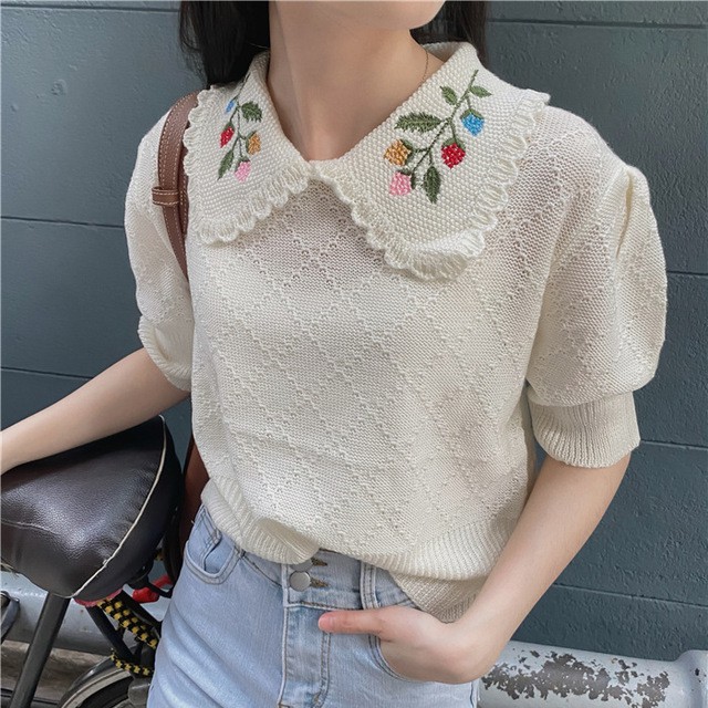 [HÀNG SẴN] Áo Thun Tay Ngắn Cổ Búp Bê Thêu Họa Tiết Trái Cây Dễ Thương Cho Nữ