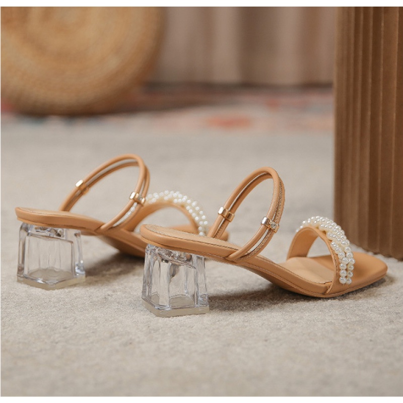 Dép Cao Gót Mũi Vuông Đính Hạt Pha Lê Thời Trang Cho Nữ
