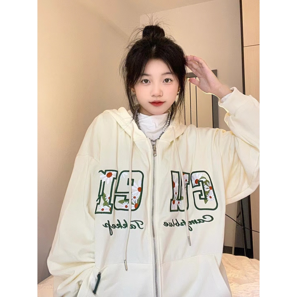 ZHELIHANGFEI Áo sơ mi hở có mũ trùm đầu in chữ thời trang trường đại học lỏng lẻo