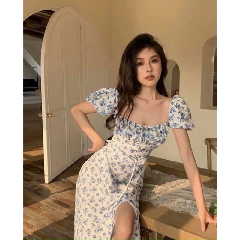 ĐẦM HOA XANH MIDI NHÍU NGỰC | BigBuy360 - bigbuy360.vn