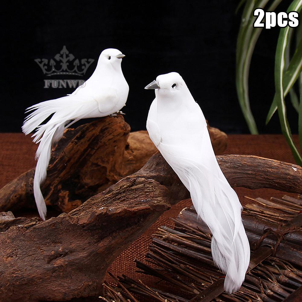 Artificial Doves 2pcs Clip Decor White 13X4 Cm Fake Feather Home Ornament