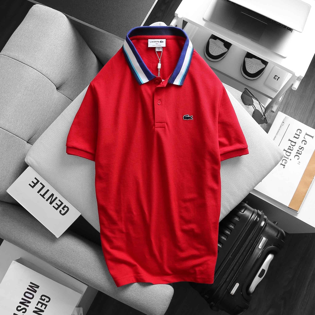 Áo Polo Nam LACOSTE FRANCE Viền Phối Cổ Logo Xanh Dương - vải da cá sấu Full Tag Tem Code Form SlimFit