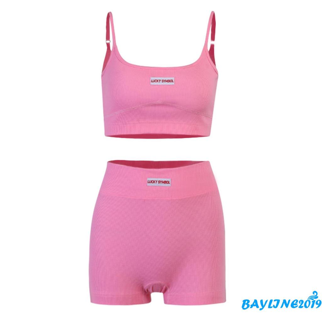 Set áo croptop sát nách cổ chữ U phối quần short màu hồng/đen/trắng thời trang cho nữ
