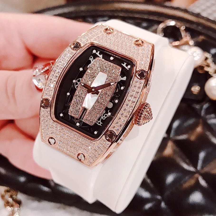 Đồng Hồ Huboler Hanboro Nữ Dây Silicon Trắng Mặt Đính Đá Rose Gold 31x42mm Chính Hãng