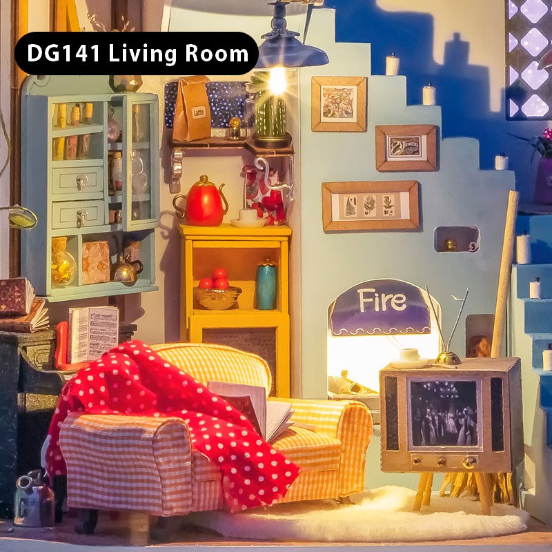 Nhà lắp ghép DIY Dollhouse bằng gỗ Mẫu Living Room Robotime tặng kèm bộ dụng cụ lắp ráp, keo silicon, đèn Led