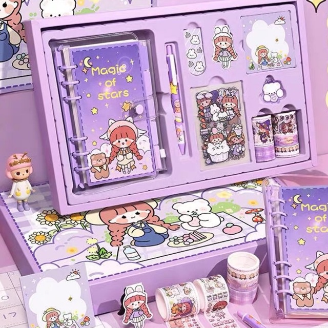Set hộp quà tặng có sổ tay và cuộn băng keo washi dễ thương + sticker + móc khoá + bookmark