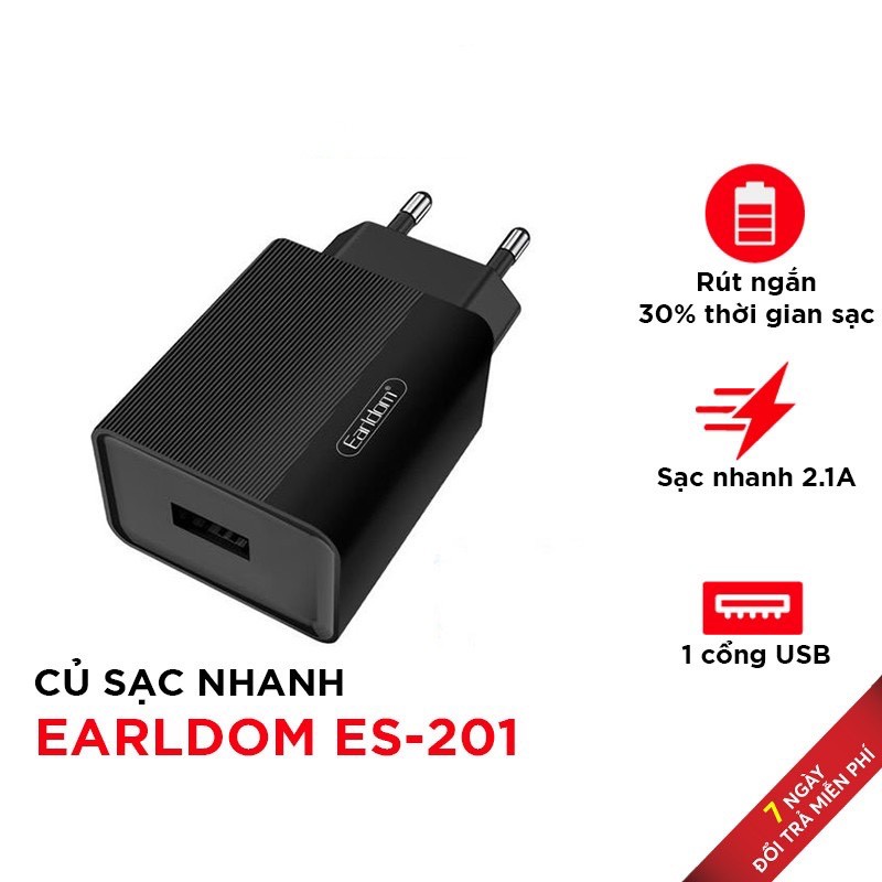 Sạc Nhanh Điện Thoại Củ Sạc Nhanh Earldom ES-201 Cổng USB 2.1A Hỗ Trợ Sạc Nhanh