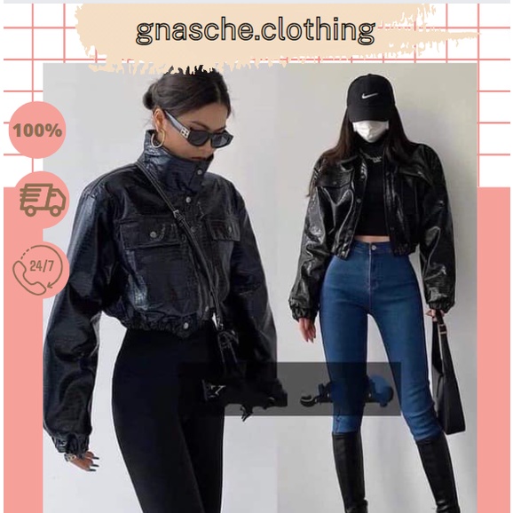Áo Khoác Da Nữ Dáng Croptop Bo Chun Phong Cách Hàn