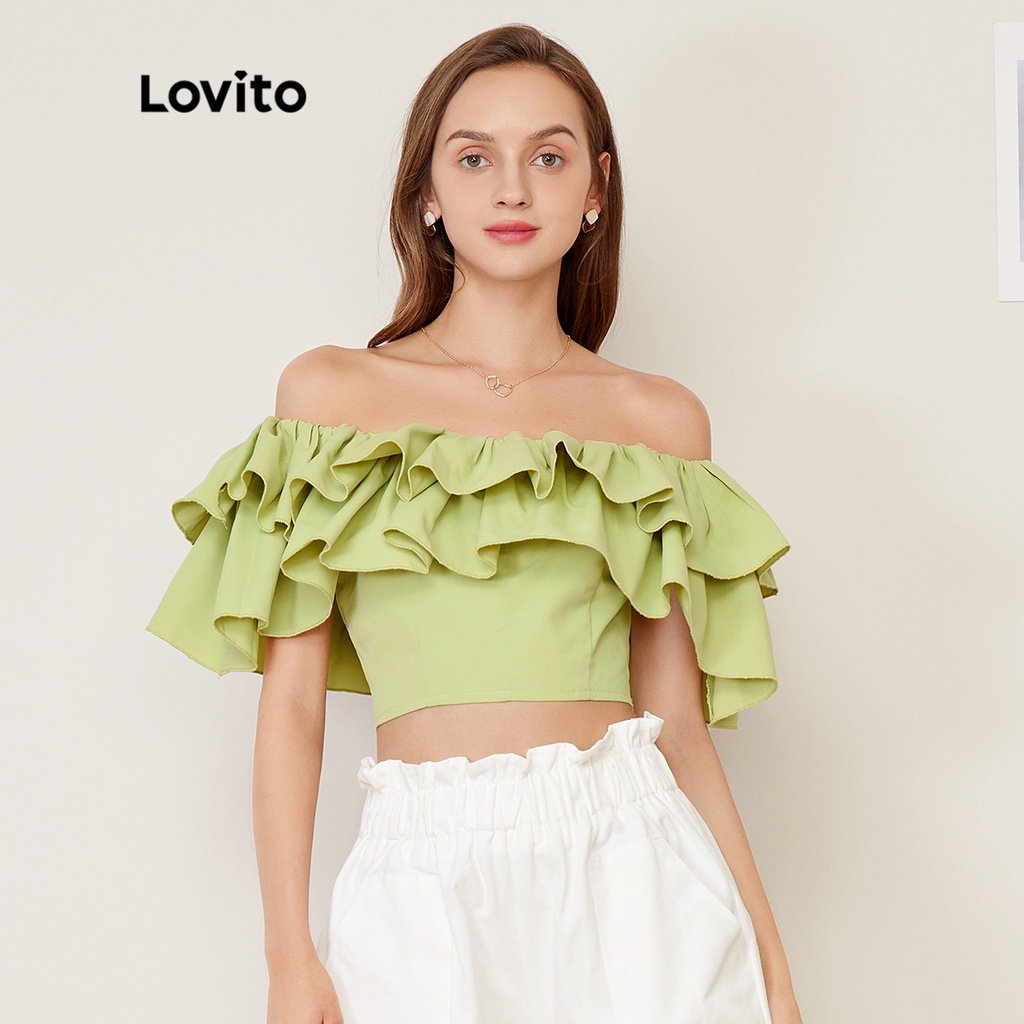 Áo Lovito trễ vai cổ hai lớp diềm xếp nếp màu trơn phong cách thường ngày L27AD159 (màu xanh lá)