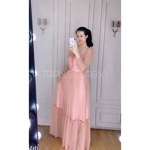 Đầm dự tiệc tay dài dún lưới sang trọng TRIPBLE T DRESS - size M/L (kèm ảnh/video thật) MS336V