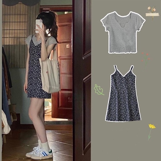 CÓ SẴN Set yếm váy hoa nhí hai dây cùng croptop siêu xinh - 2 ẢNH THẬT Ở CUỐI