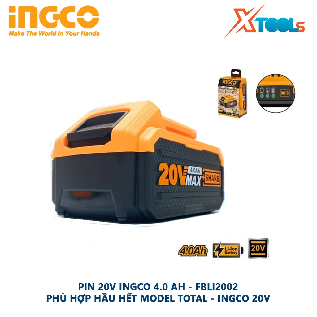 Pin 20v 4.0AH INGCO FBLI2002 | pin sạc có dung lượng pin Lithium-ion 4.0Ah, phù hợp cho nhiều máy pin 20V Total Ingco