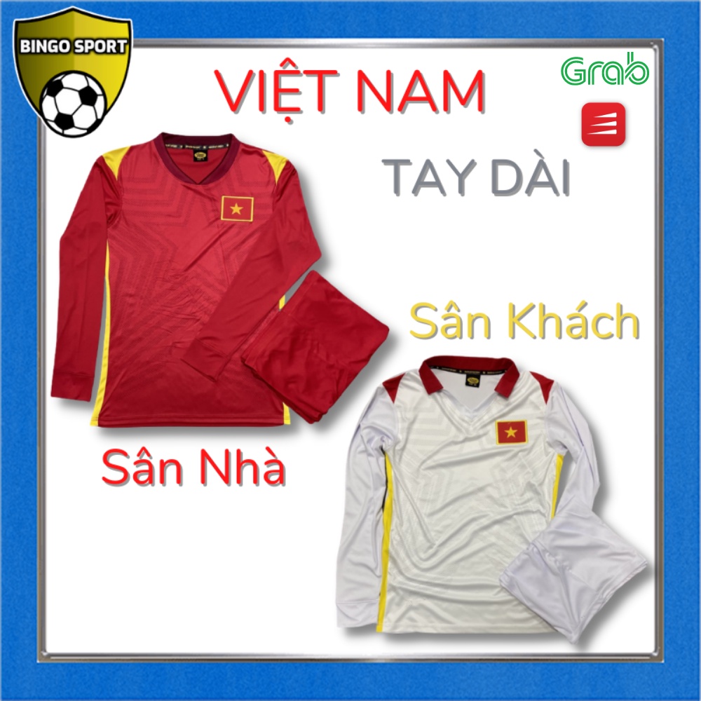 Áo Bóng Đá, Đá Banh, Thể Thao TAY DÀI Tuyển VIỆT NAM Sân Nhà + Khách, Đỏ + Trắng, Thun Lạnh Logo Thêu Nổi BINGO SPORT