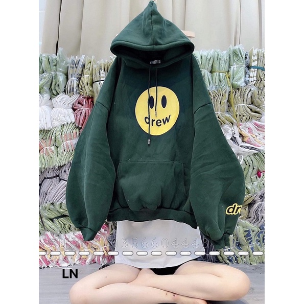 Áo hoodie mặt cười DREW tay ngực nỉ cotton LN12