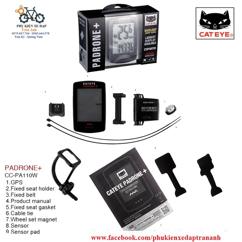 Đồng hồ đo tốc độ xe đạp không dây Cateye Padrone+ CC-PA110w plus