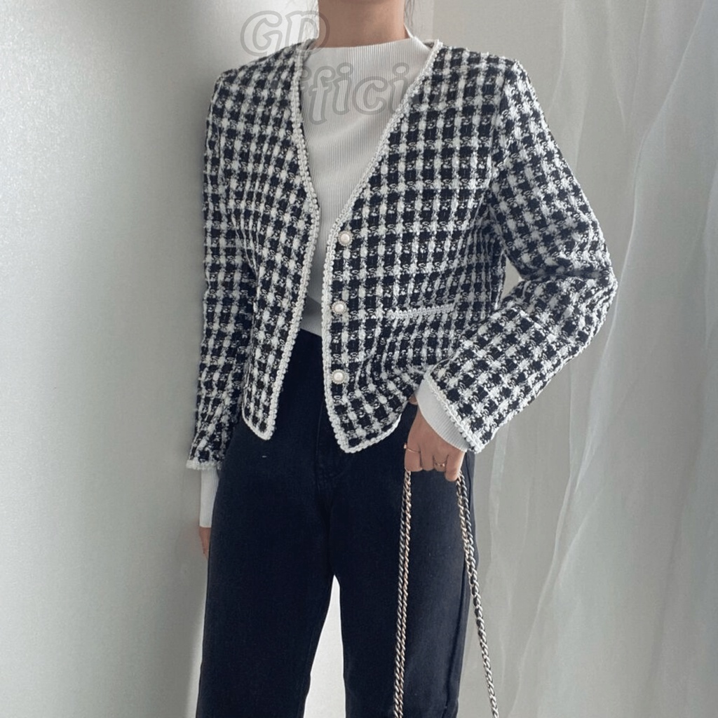K98|Áo khoác dạ tweed mỏng nhẹ nhàng sang trọng cho nữ dáng ngắn màu be, đen GD Official