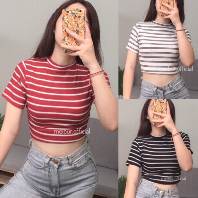 Áo thun croptop ôm body kẻ sọc sexy ulzzang