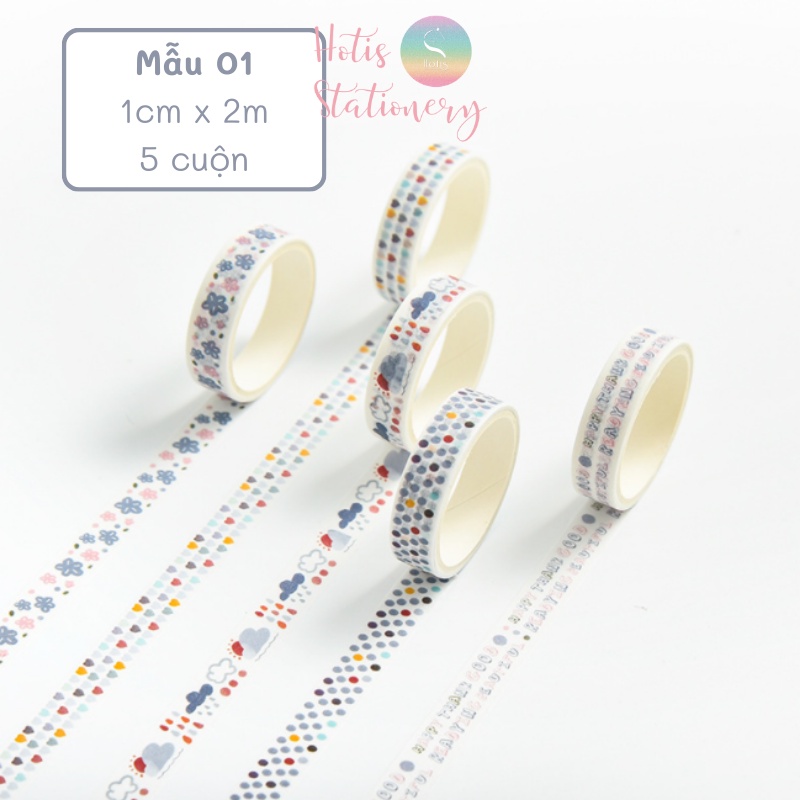 Hộp 5 cuộn washi tape có hoa văn đa dạng dài 2m