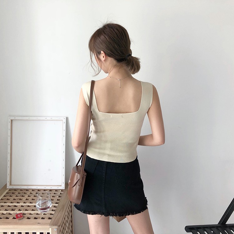 Áo thun dệt kim SUXI không tay phong cách Hàn Quốc