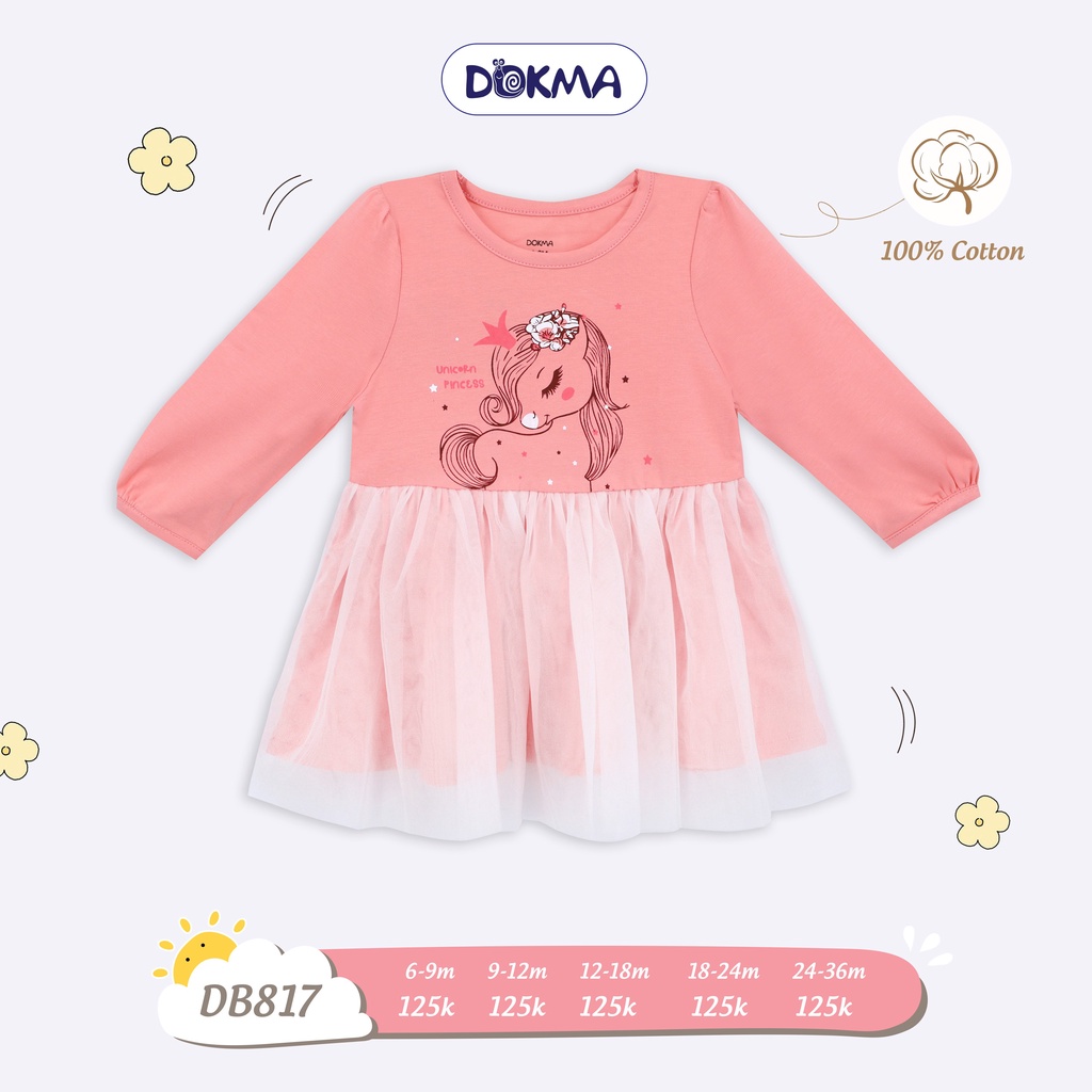 DB817 Váy công chúa bé gái dài tay phối ren Dokma vải cotton mỏng (9-36M)