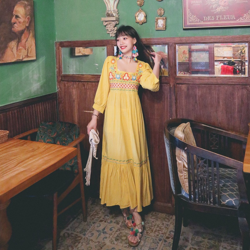 Váy boho thêu dáng xòe chân váy đi du lịch
