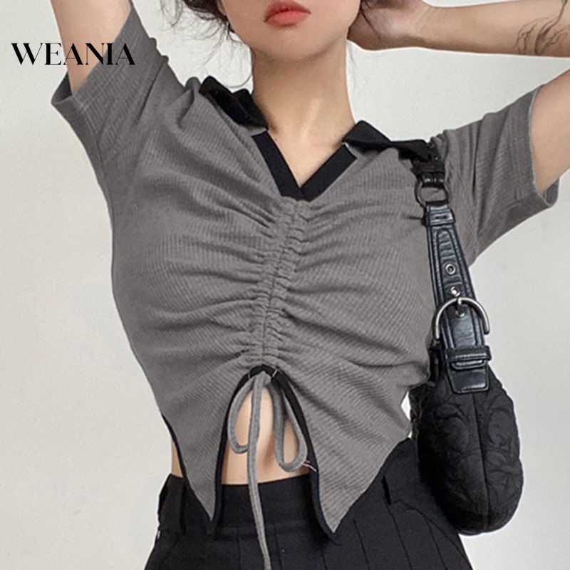 Áo Thun Ngắn Tay Cổ Chữ V Phối Dây Rút Thời Trang Hàn Quốc