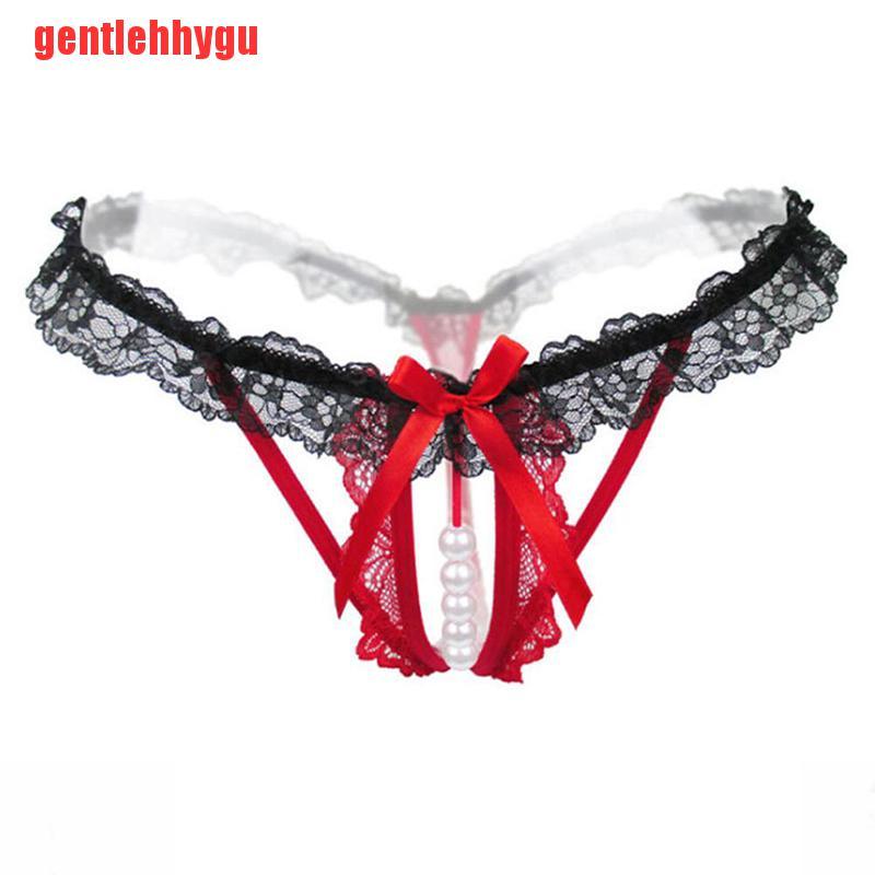 [gentlehhygu]Women Briefs Crotchless Lingerie Panties G-string Transparent Lace Pearl Thong