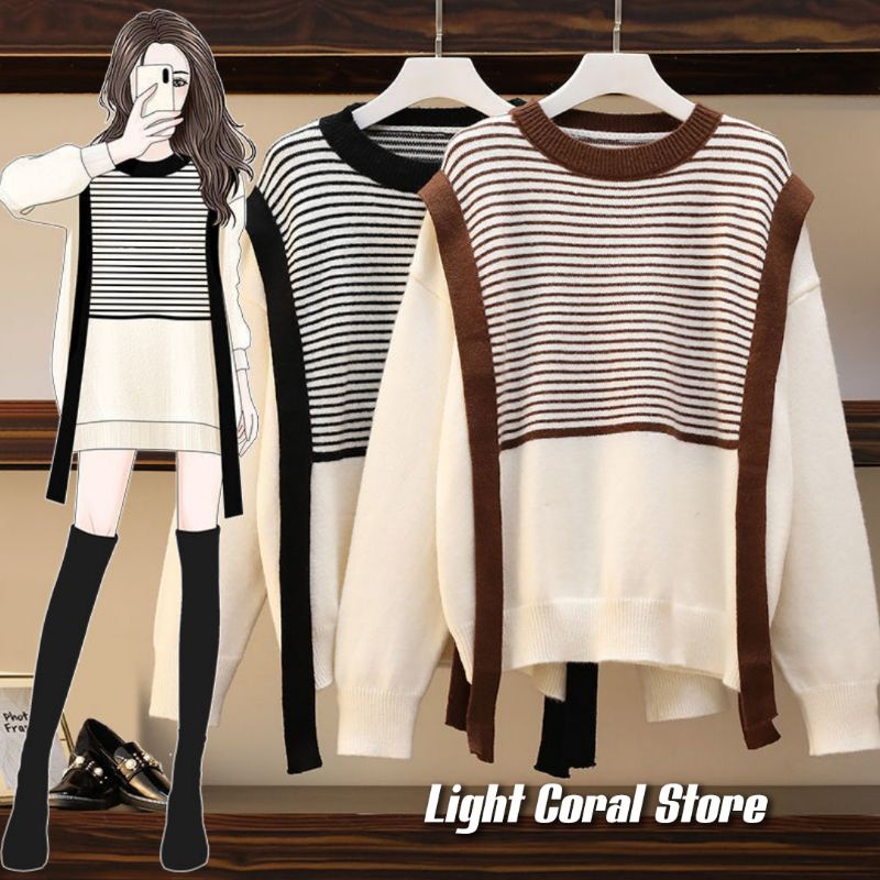 (ORDER) Áo len phối kiểu kẻ sọc ngang Quảng Châu vạt dài dáng suông Quảng Châu 3 màu có size giống các sao Hoa Ngữ