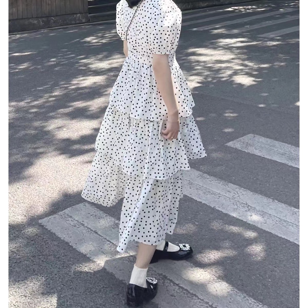 Đầm Tay Ngắn 2022 Họa Tiết Chấm Bi Đen Trắng Thời Trang Xuân Hè Cho Nữ