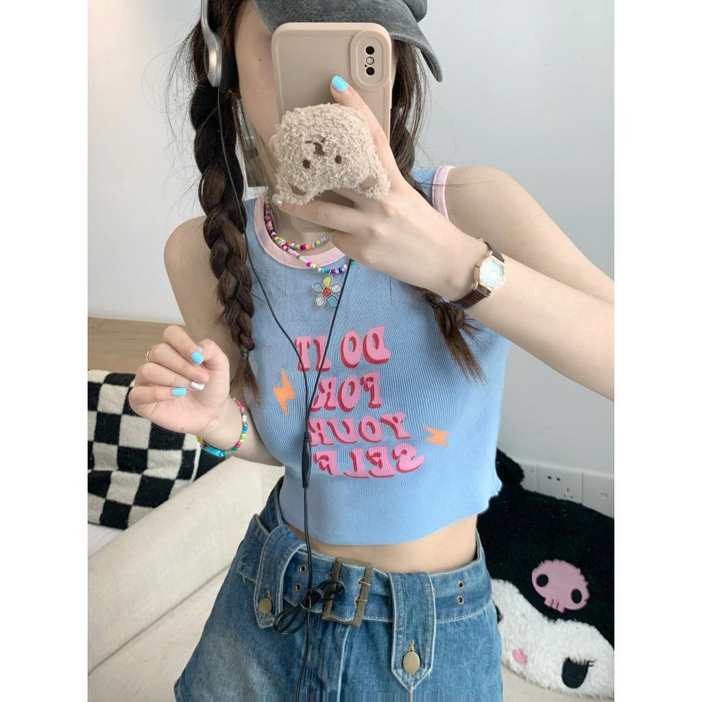 Ethelgirl Áo Hai Dây Ôm Dáng In Chữ Phong Cách Mỹ Cổ Điển Thời Trang Cho Nữ