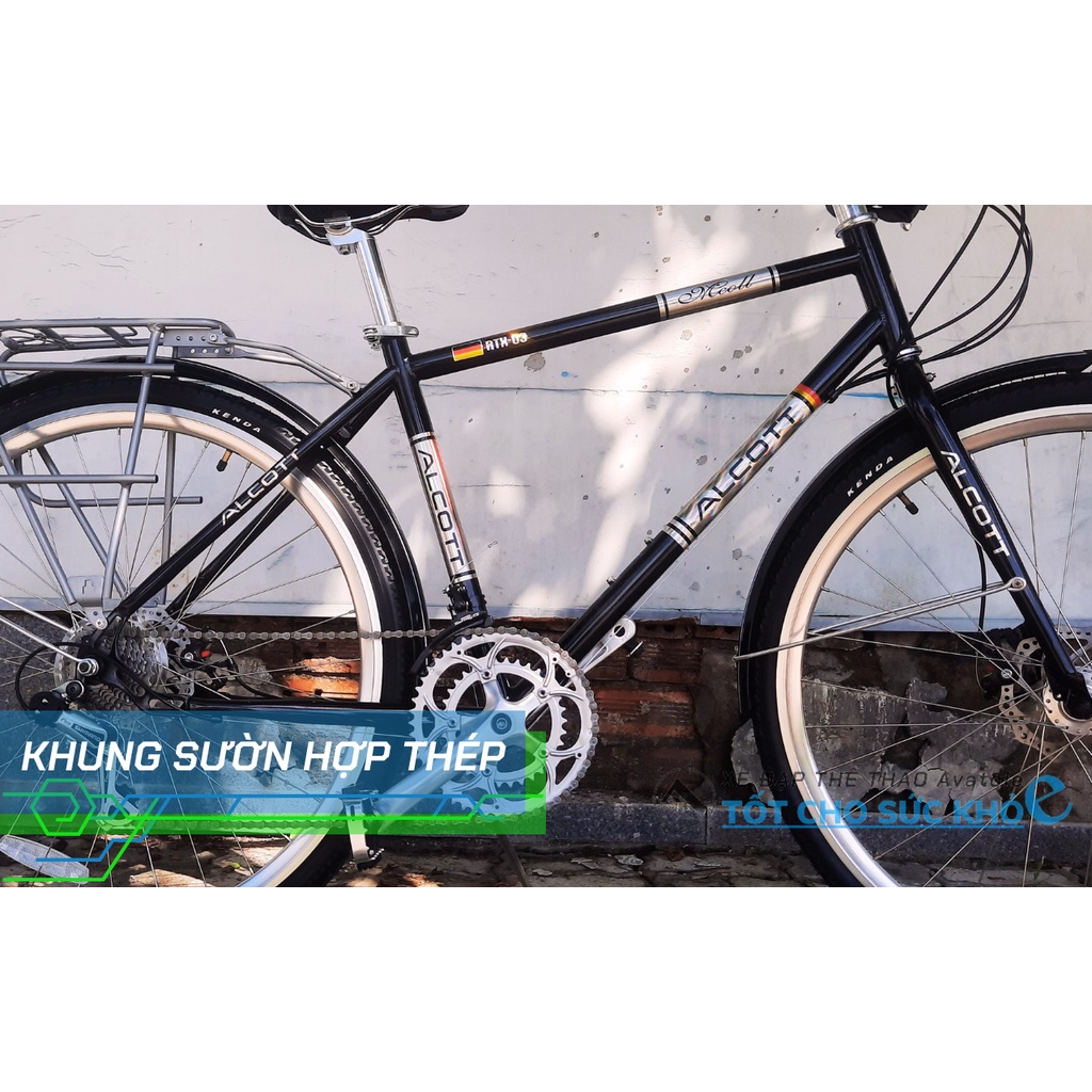 Xe đạp touring ALCOTT ATX-03, Khung sườn hợp kim thép cao cấp, Bộ truyền động Shimano Tourney 14 tốc độ, Màu đen