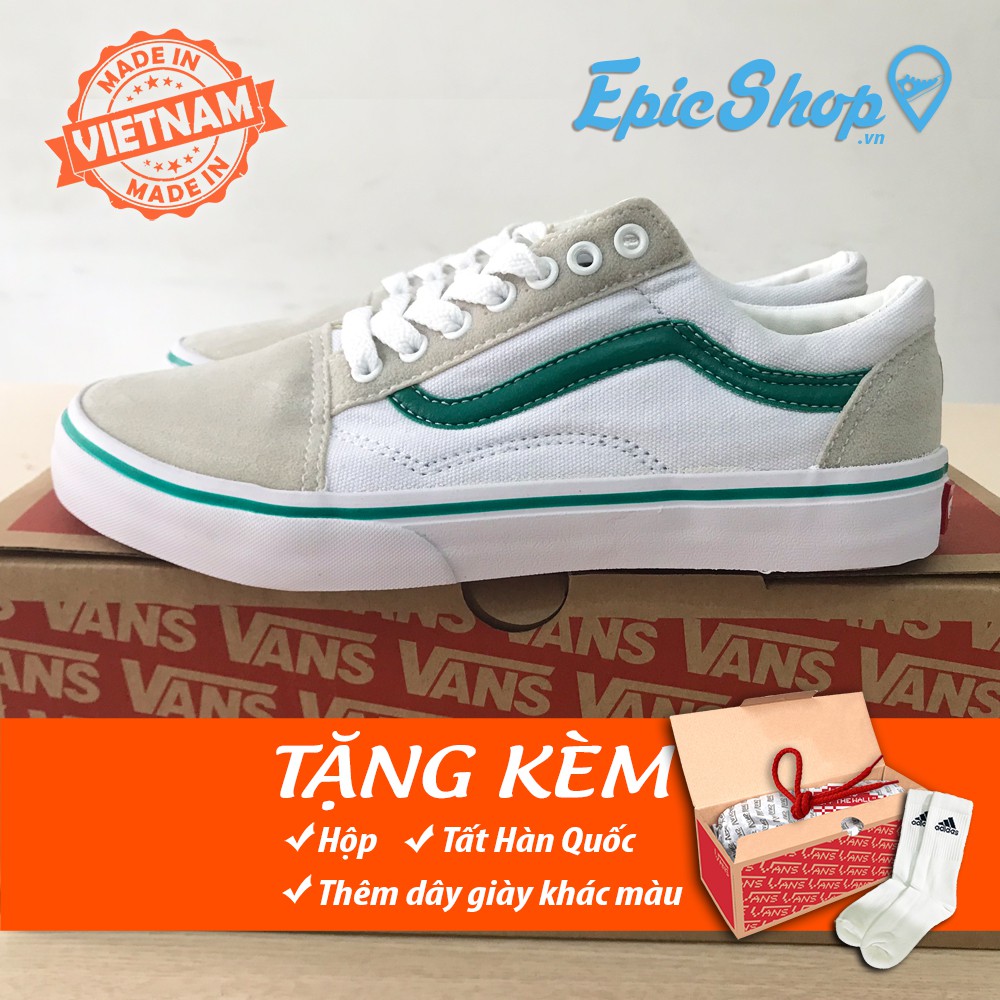 (Ảnh thật+Full box + tặng tất) Giày old skool da lộn trắng kẻ xanh