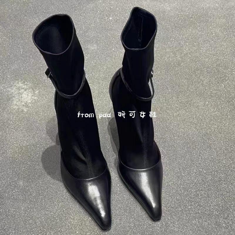 Giày Bốt Cao Gót Mũi Nhọn Đế Bằng Phối Khóa Cài Màu Đen Thời Trang Mùa Thu 2022 Cá Tính Cho Nữ