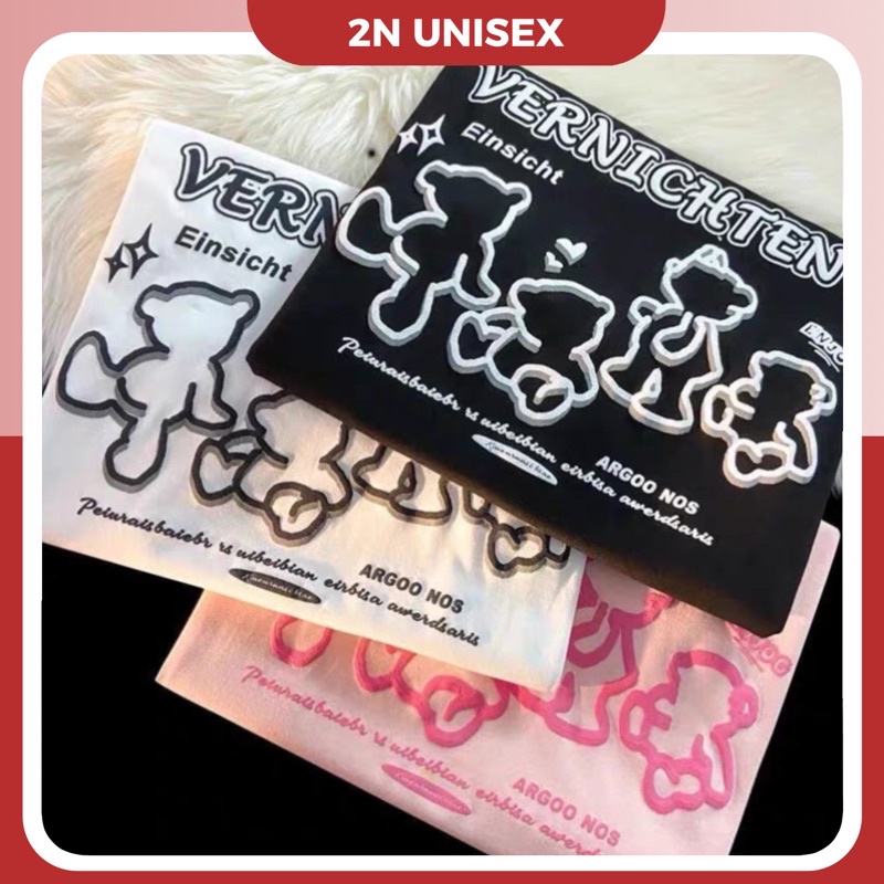 Áo phông nam nữ form rộng 2N Unisex thun cotton in Vernichten gấu trắng/hồng/đen