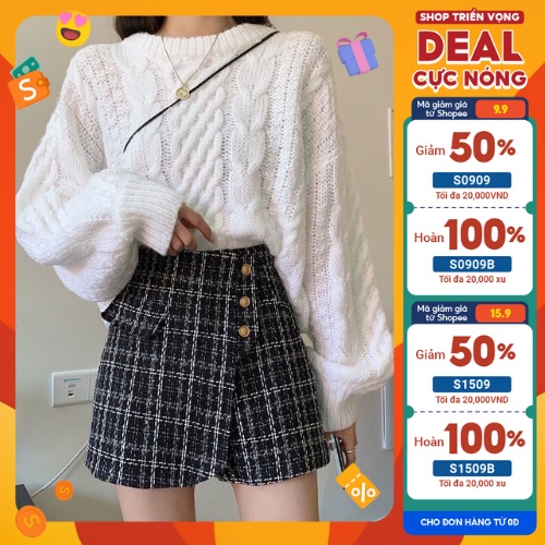 Quần giả chân váy dạ TWEED kẻ sọc caro dáng chữ A cúc ngọc vạt lệch