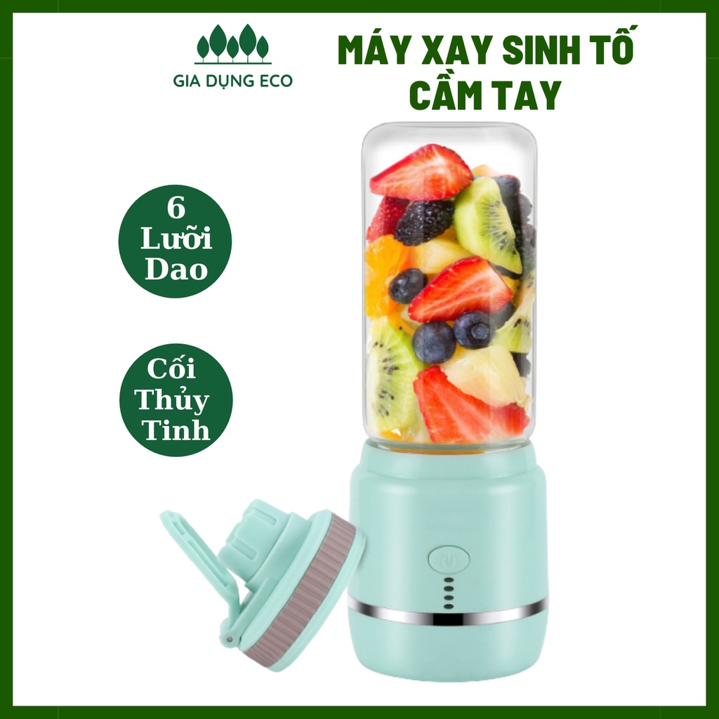 Máy Xay Sinh Tố Cầm Tay Mini Thủy Tinh 6 Lưỡi Inox SUS304 Xay Được Đá Nhỏ [KÈM 6 PHỤ KIỆN TẶNG KÈM]