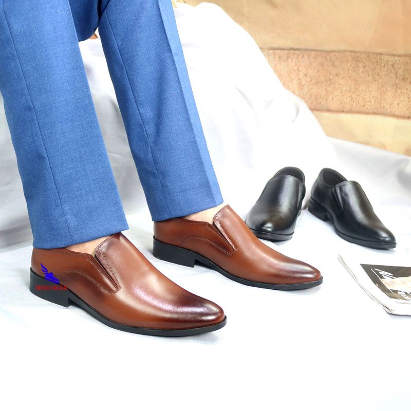 Giày da bò tây nam lười công sở xỏ nam không dây sang trọng hàng hiệu da bò nguyên tấm L-2 nâu