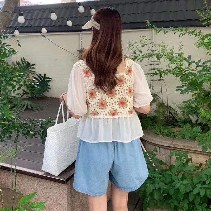 Áo Chiffon Cổ Vuông Đục Lỗ Phong Cách Retro Ngọt Ngào Cho Nữ