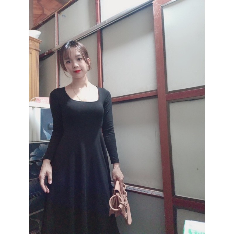 Đầm dài xoè len zip cổ U - Váy nữ dáng suông tôn dáng dài tay cổ vuông nữ | BigBuy360 - bigbuy360.vn