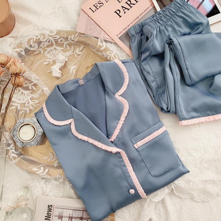 ✨SẴN XANH DƯƠNG✨ PIJAMA LỤA CÁT DÀI TAY CAO CẤP VIỀN BÈO NHÚN PJ04 MỀM MƯỢT SIÊU XINH  ྆ ྇ ྇