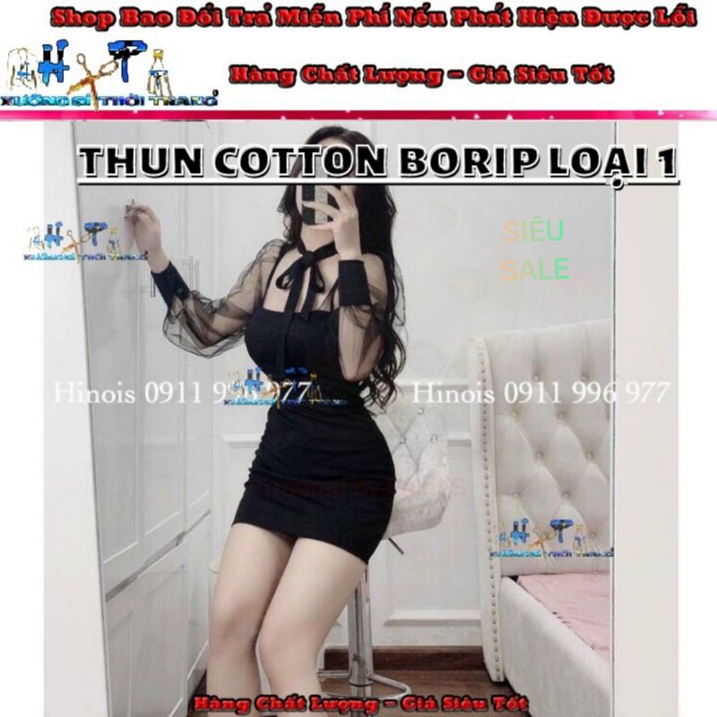 Đầm Ôm Body Nữ Cột Nơ Cổ Tay Phối Lưới Thun Cotton Borip Loại 1 Cao Cấp Siêu Hottrend 2020 - Hàng Có Sẵn