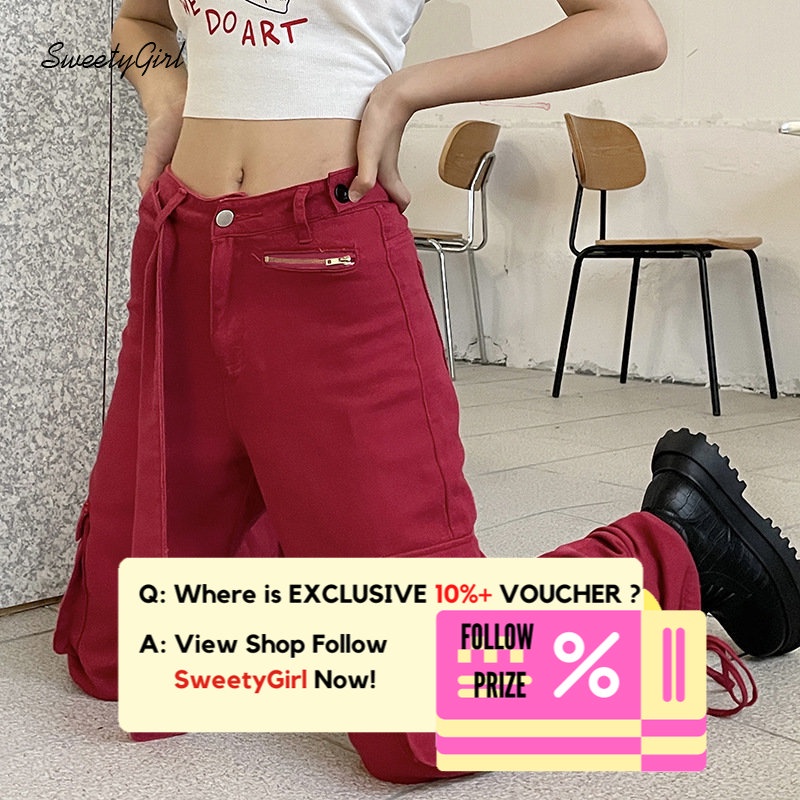 Quần Dài Thể Thao Dáng Suông Lưng Thấp Màu Đỏ Trơn Có Túi Và Khóa Kéo Thời Trang 2022 Cho Nữ