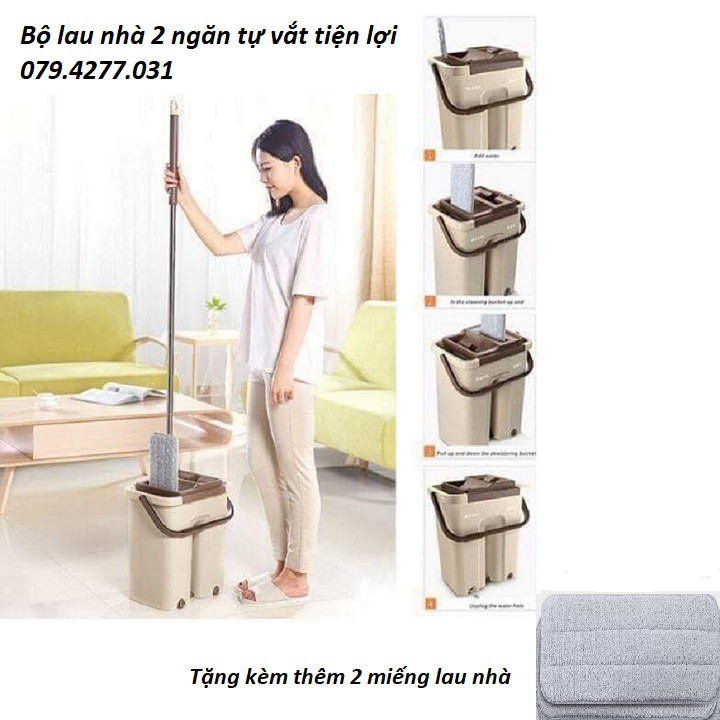 Bộ lau nhà 2 ngăn tự vắt tiện lợi tặng kèm thêm 2 miếng lau