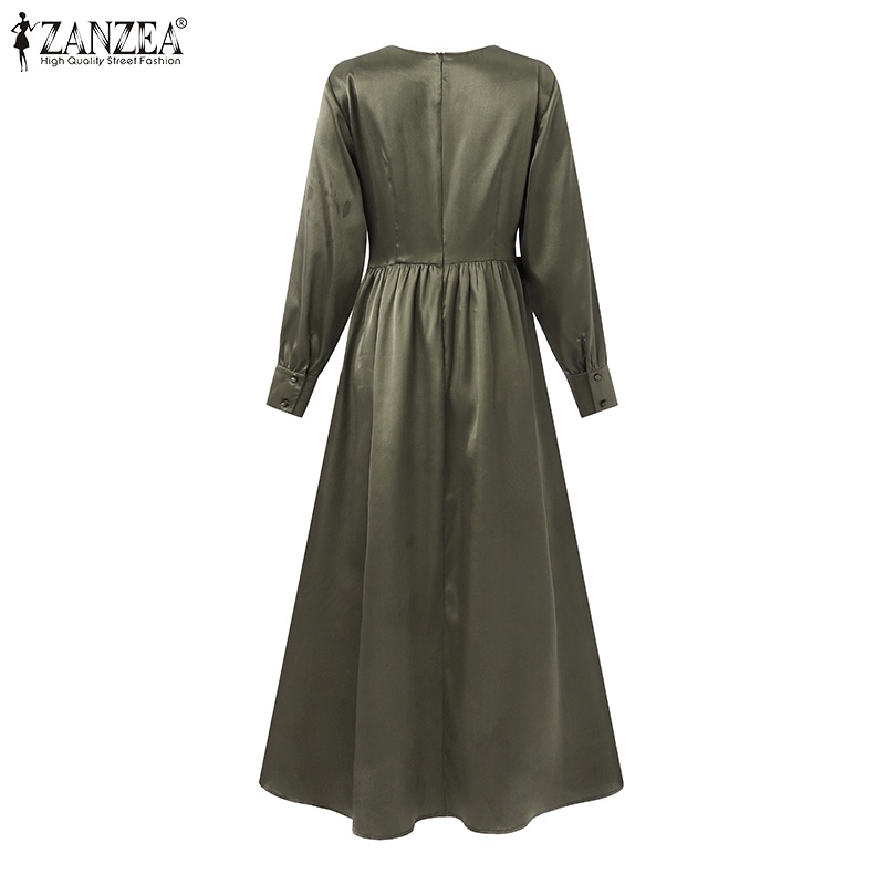 Zanzea Đầm Dài Vải Satin Màu Trơn Cổ Tròn Phối Nút Và Dây Kéo Sau Lưng Cho Phụ Nữ Hồi Giáo